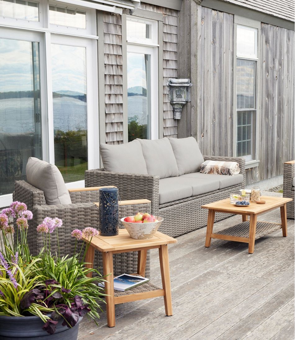 L.L.Bean For Sale | Wicker Storage Sofa and Teak Coffee Table Set