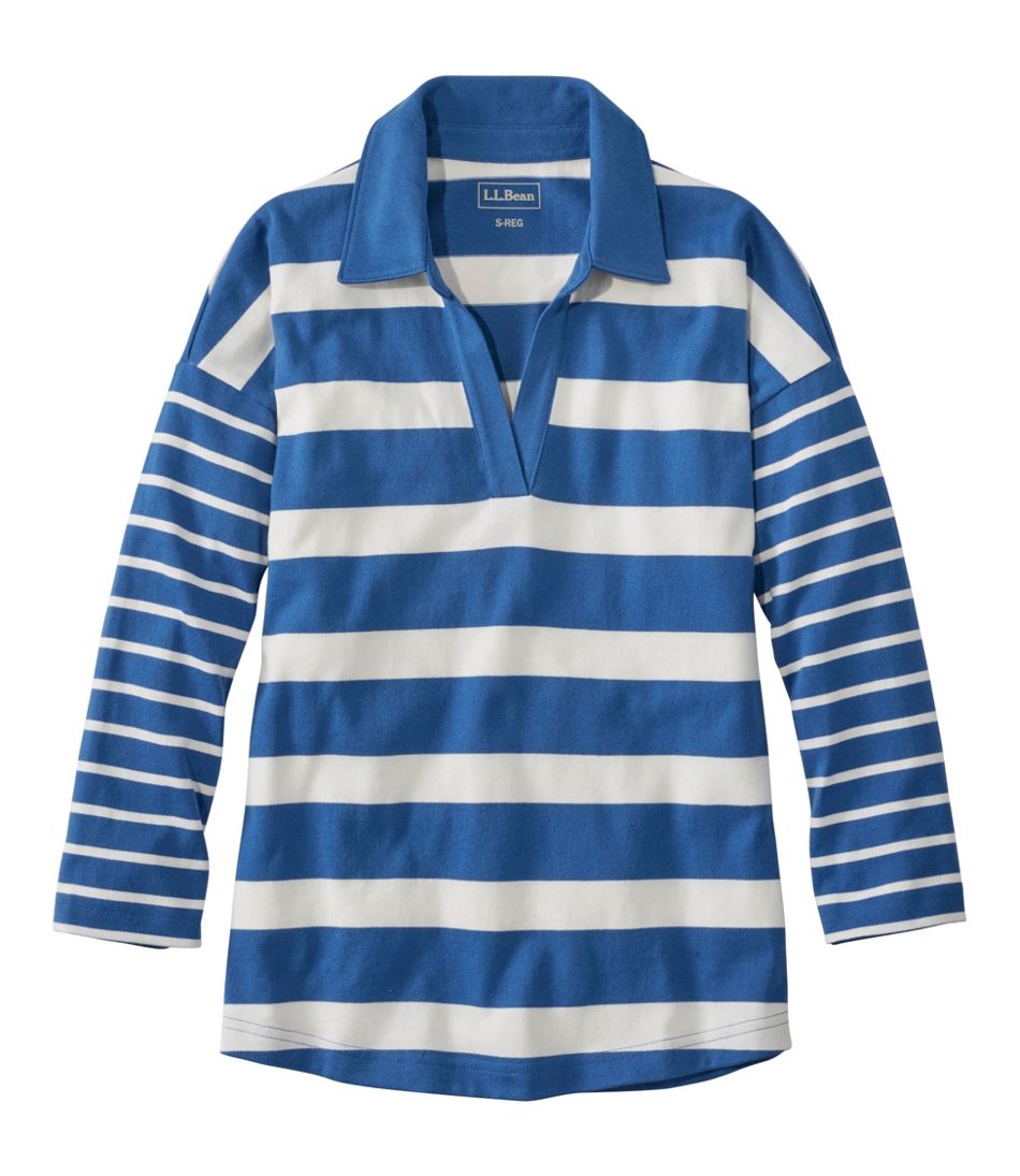 L.L.Bean Outlet | Women's Heritage Mariner Top, Splitneck Polo Three-Quarter-Sleeve, Block Stripe