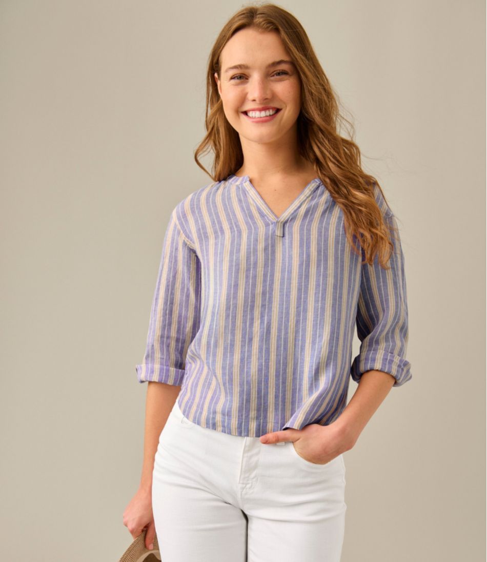 L.L.Bean Discount | Women's Premium Washable Linen Shirt, Splitneck Stripe