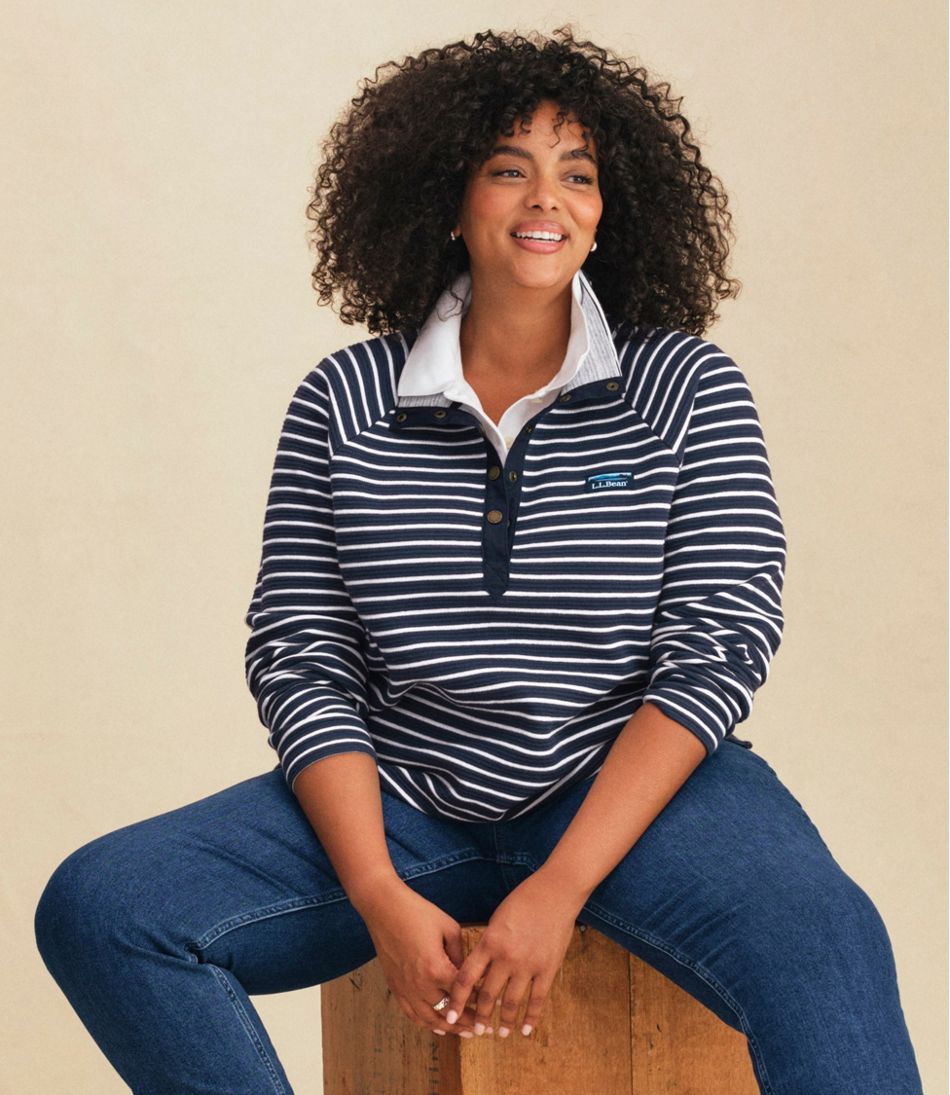 L.L.Bean New | Women's Lakewashed Double-Knit Quarter-Snap, Stripe