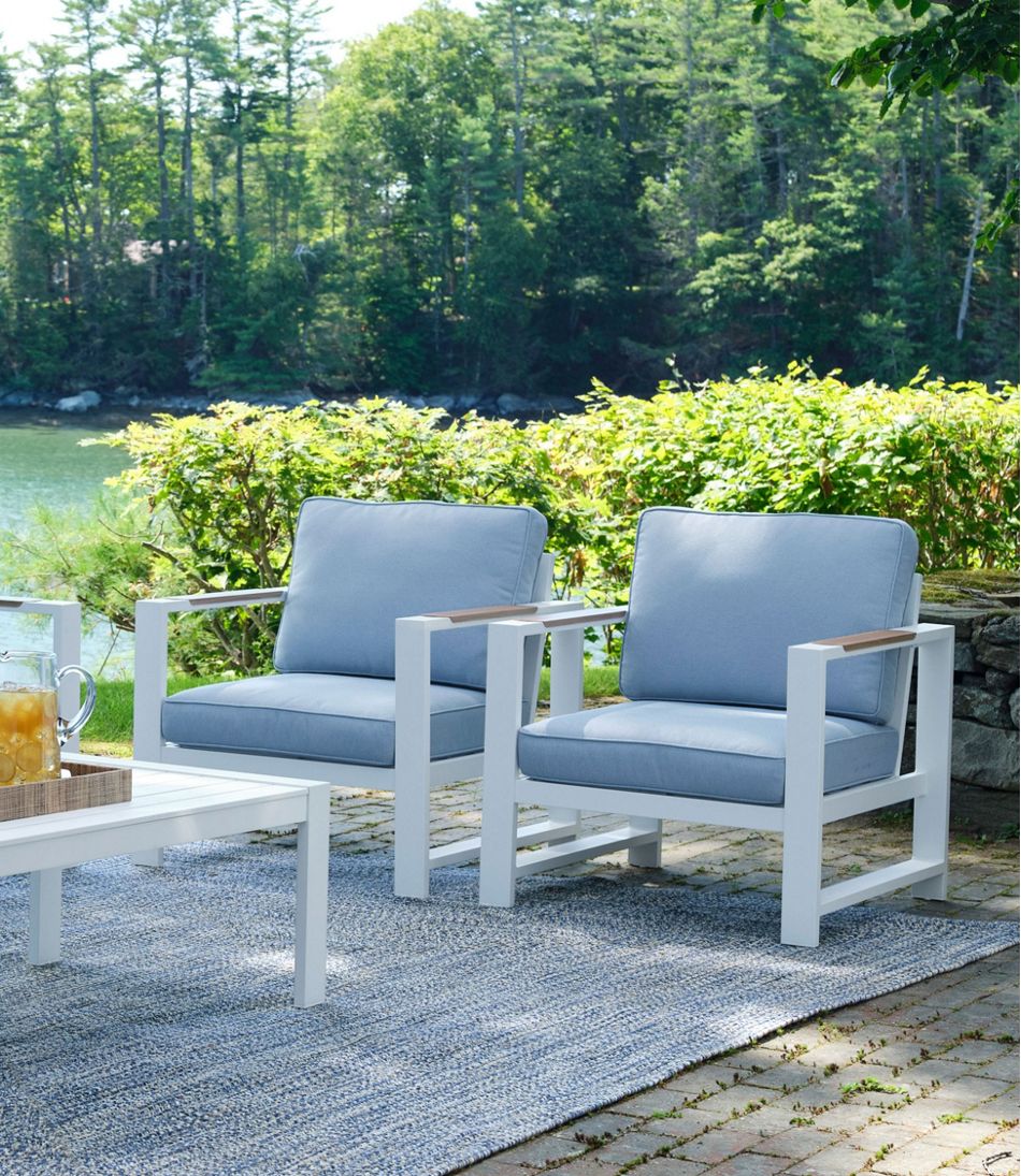 L.L.Bean On Sale | White Aluminum Deep Seating Armchair with Blue Cushions, Set of Two